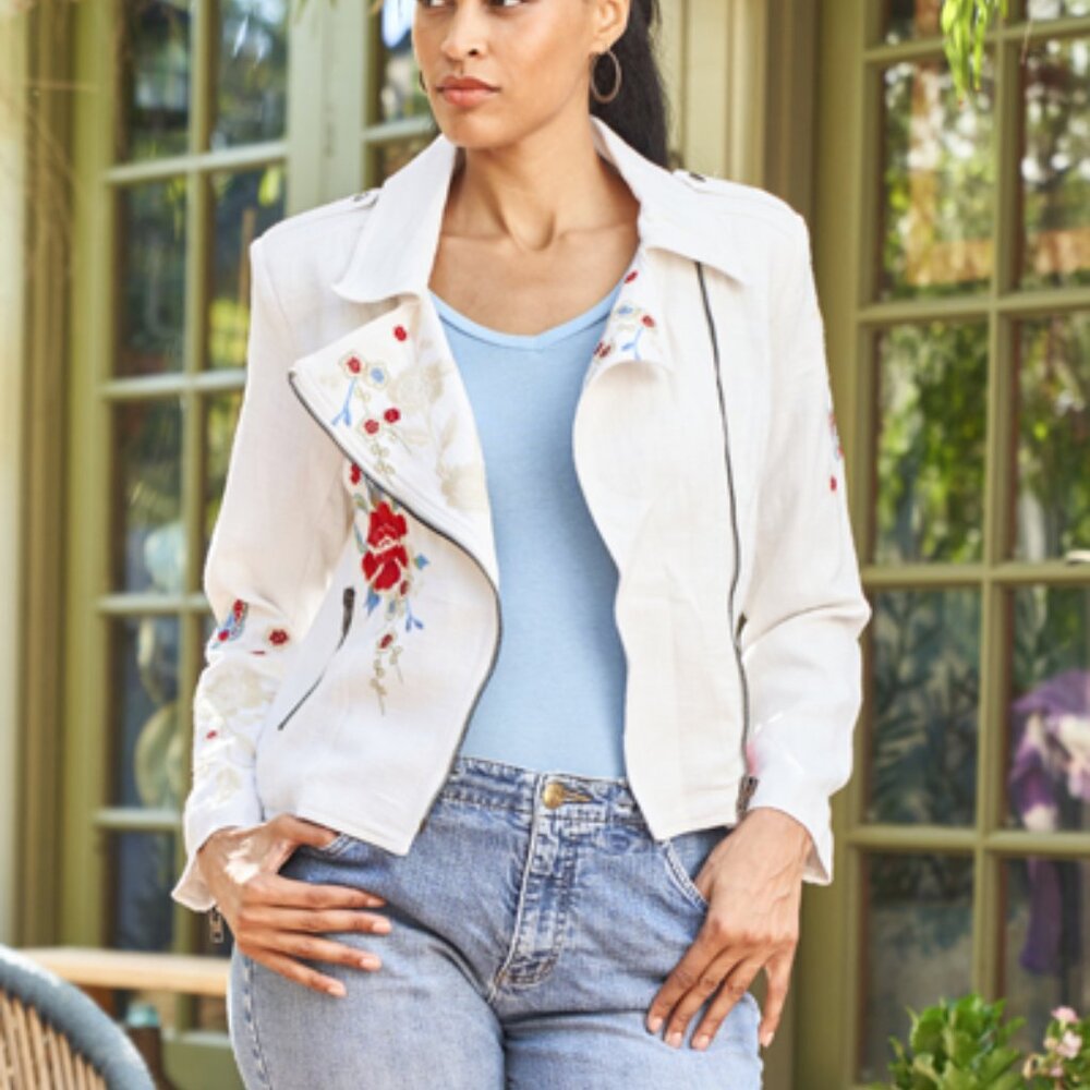 Embroidered Linen Blend Moto Jacket - Lined - SIZE LARGE - NWT